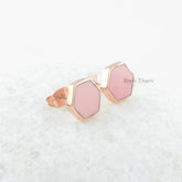 Pink Opal Stud Earrings - Gold Plated Studs - Solid Silver - 9x9mm Hexagon - Party Jewelry - Jewelry For The Traveler - Gift For Young Mom